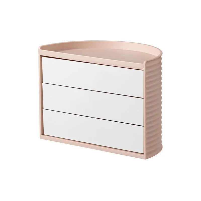 Rotating cosmetics storage box in white or pink, plastic, 27x15.5x19.5cm, for makeup and toiletries.