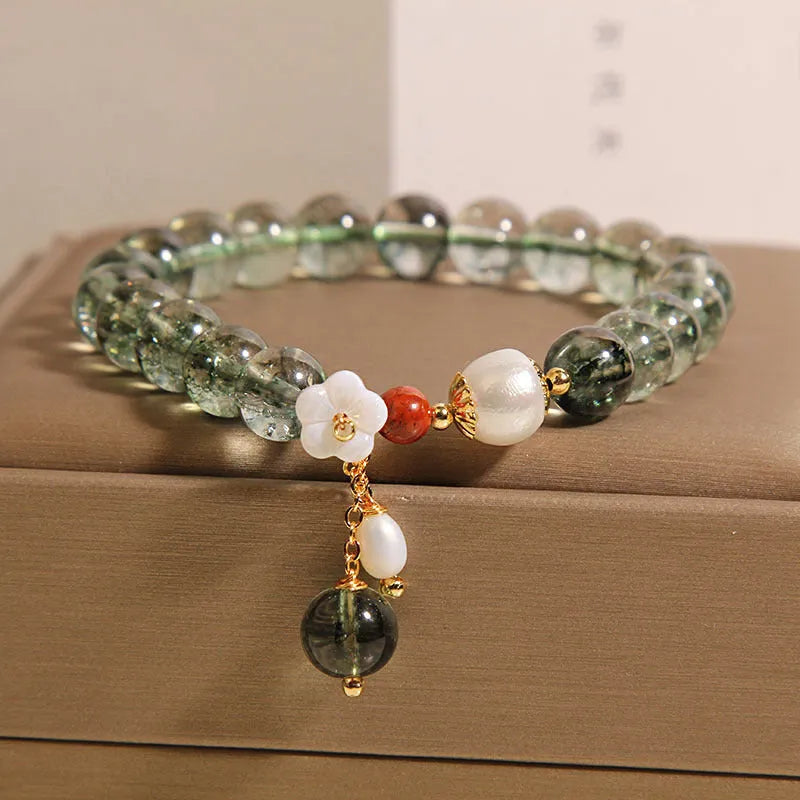 Green phantom quartz crystal women's bracelet with small shell flower charm in Japanese Korean style