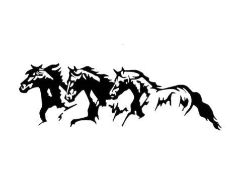 Black, white, red, and blue Three Horses vehicle decal sticker measuring 25 by 8 cm.