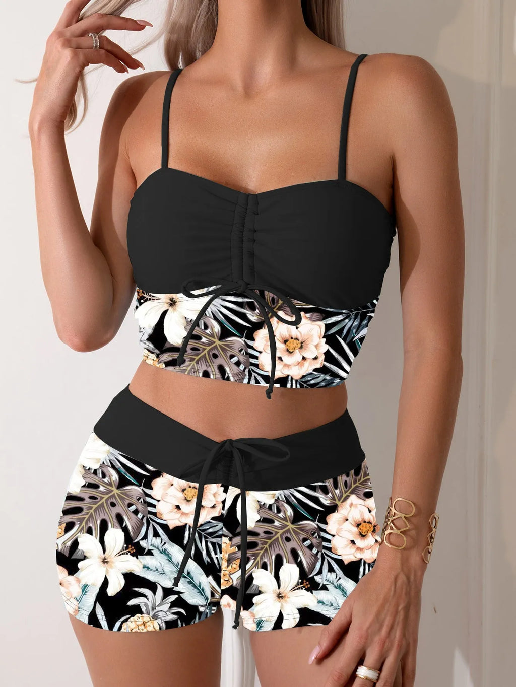 Women's printed drawstring bikini swimsuit with high waist and backless design, in JP140GR or JP140BK, sizes S-XXL