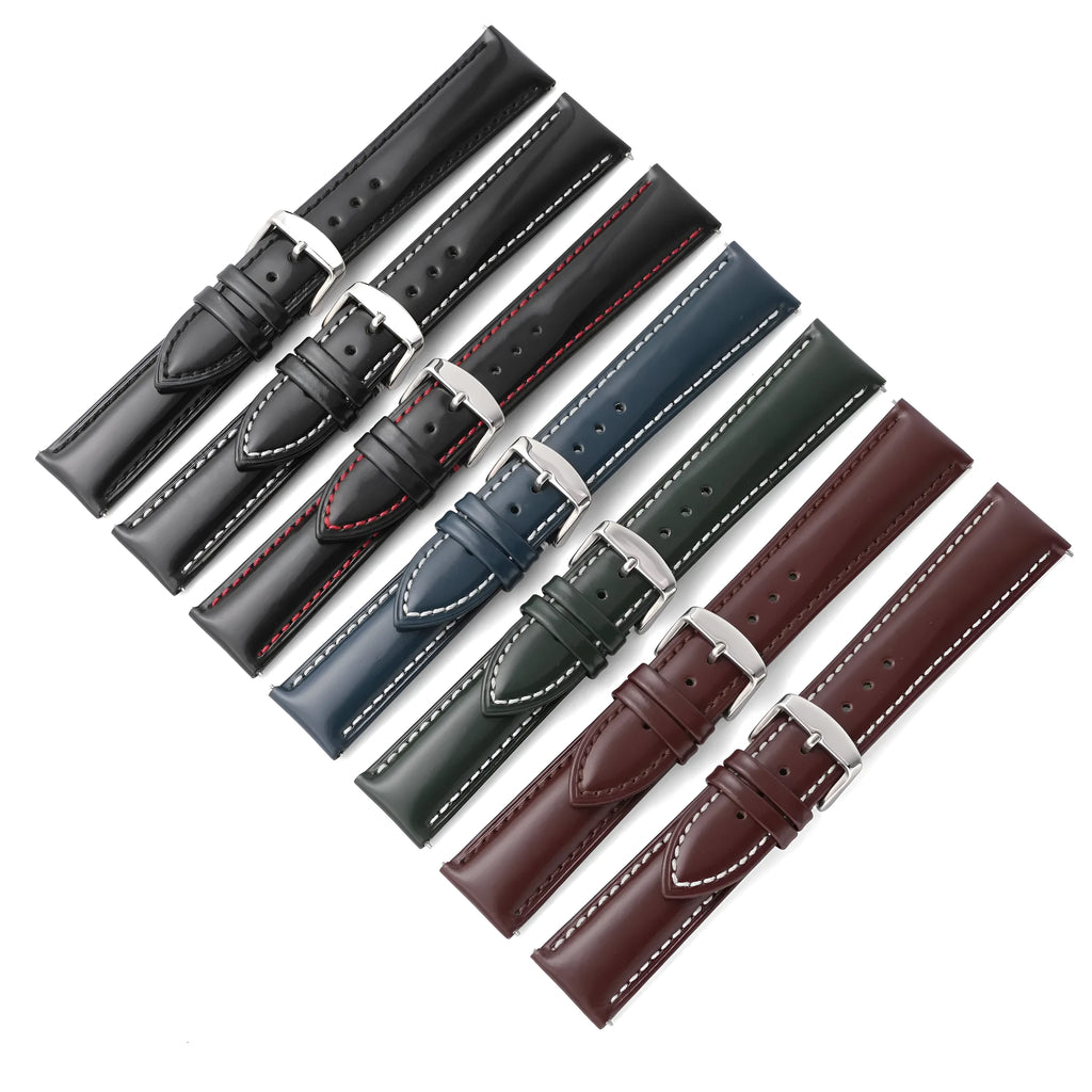 Quick release leather watch strap in bright cowhide showing colour and width options on a watch.