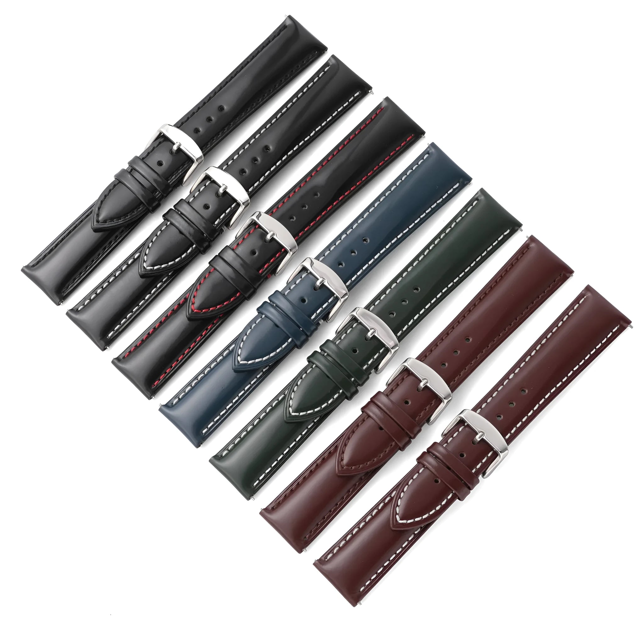 Quick release leather watch strap in bright cowhide showing colour and width options on a watch.