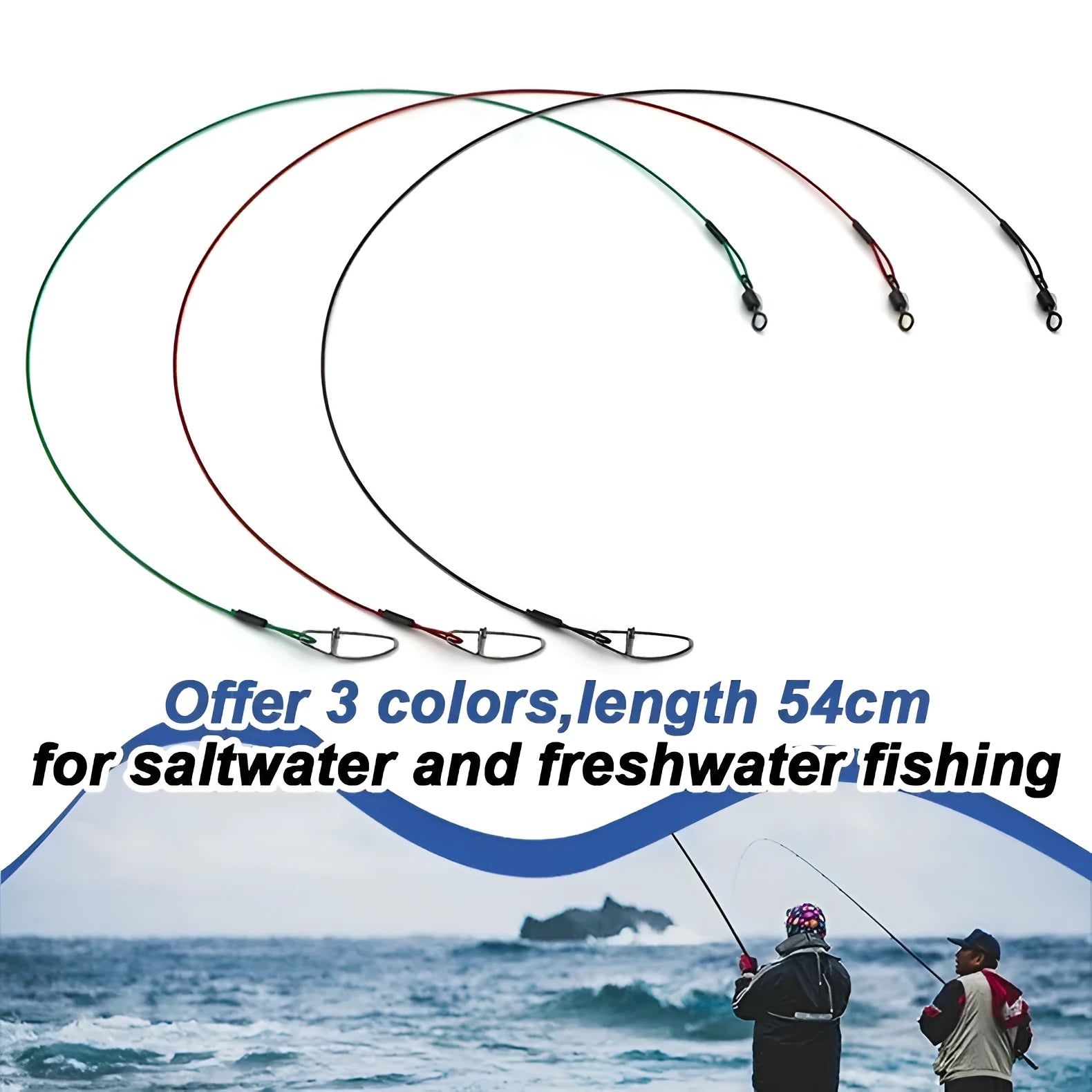 Set of 10 green steel wire fishing leaders with double buckle pins showing 54cm length measurement