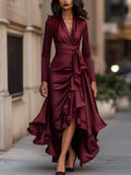 V-neck waist trimming ruffle dress with asymmetric high waist skirt in navy blue