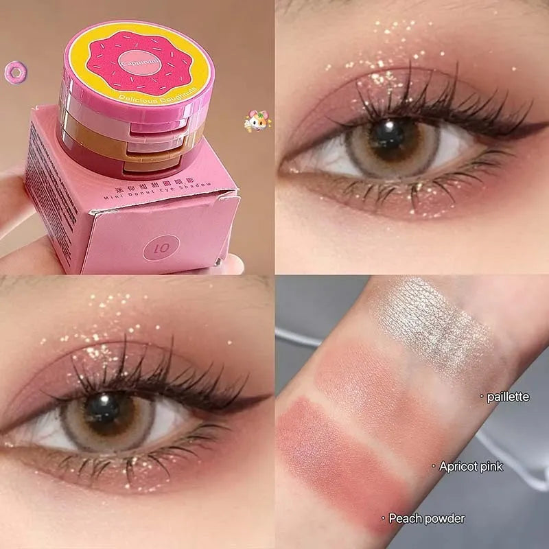 Mini donut eye shadow palette with three pink and brown shades in a thin compact