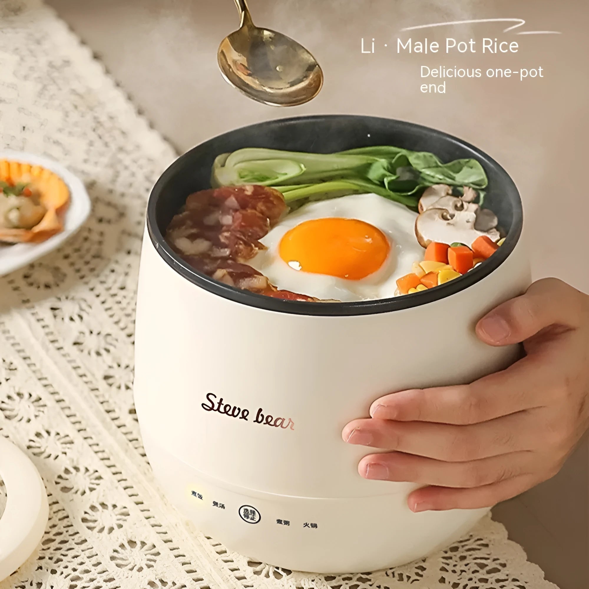 Household mini multi-function rice cooker 1.8L non-stick liner with steamer in beige