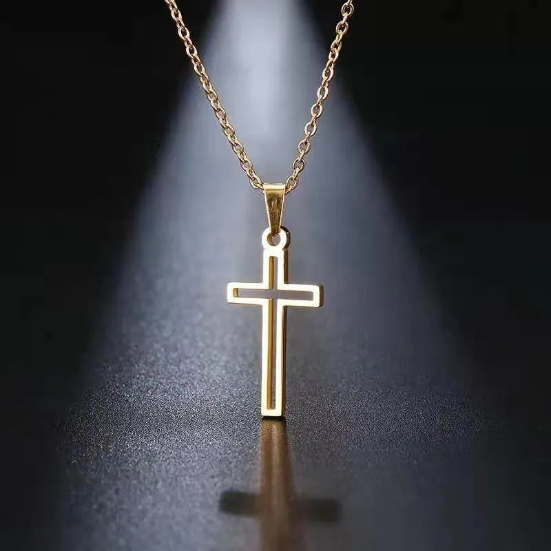 Hip hop style titanium steel cross necklace with electroplated gold finish on stainless steel chain
