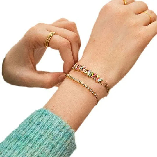 Copper bracelet with oil dripping letter pendant electroplated finish unisex minimalist jewellery