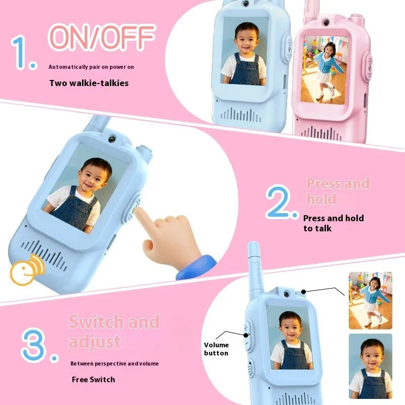 Two mini video walkie talkies for kids in pink and blue with 2.0 inch screen and charging cable