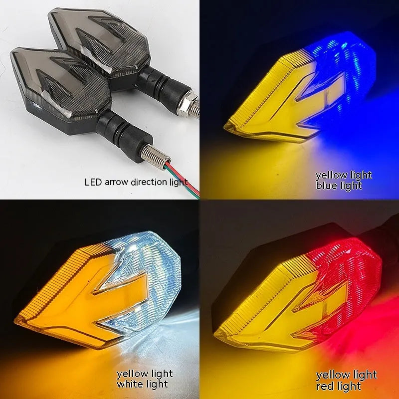 Arrow-shaped LED motorcycle turn signal lamp in ABS plastic housing for 12v universal vehicle fit.