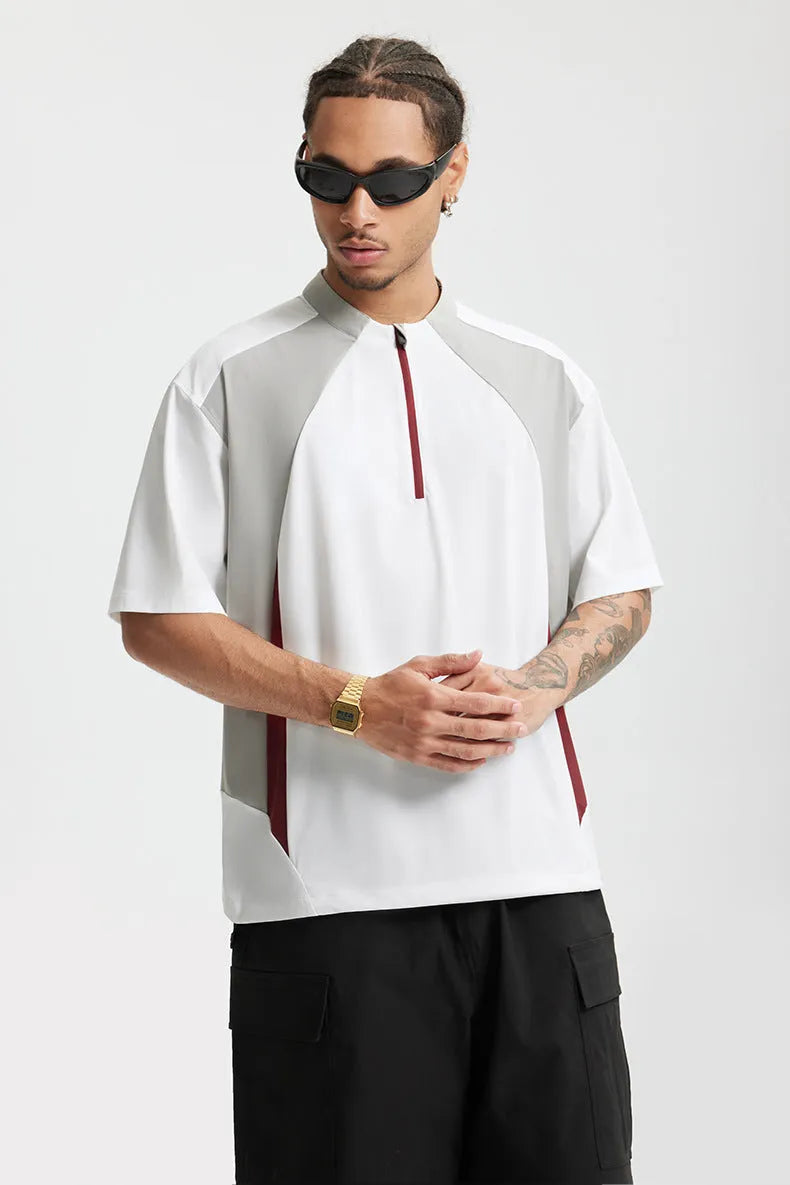 Men's solid colour polyester top with stitching detail, shown in black and beige with long and short sleeve options.