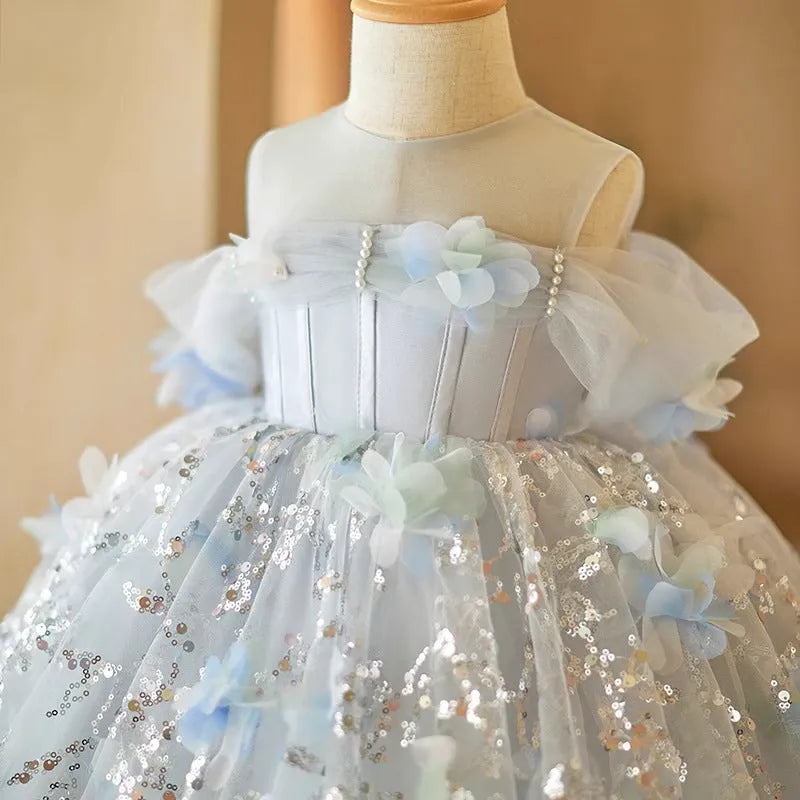 Girls blue princess dress with polyester lining, suitable heights 80cm to 150cm