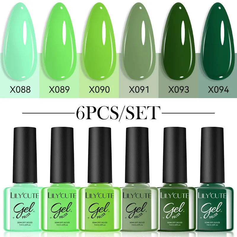 Set of twenty bottles of glitter and solid colour UV gel nail polish in a case.