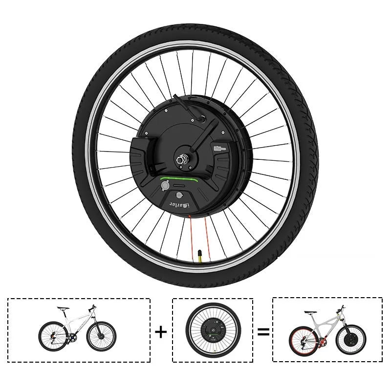 Yunzhilun electric bicycle conversion kit for 26-inch bikes showing iMotor 3.0 wheel, lithium battery, and charger.