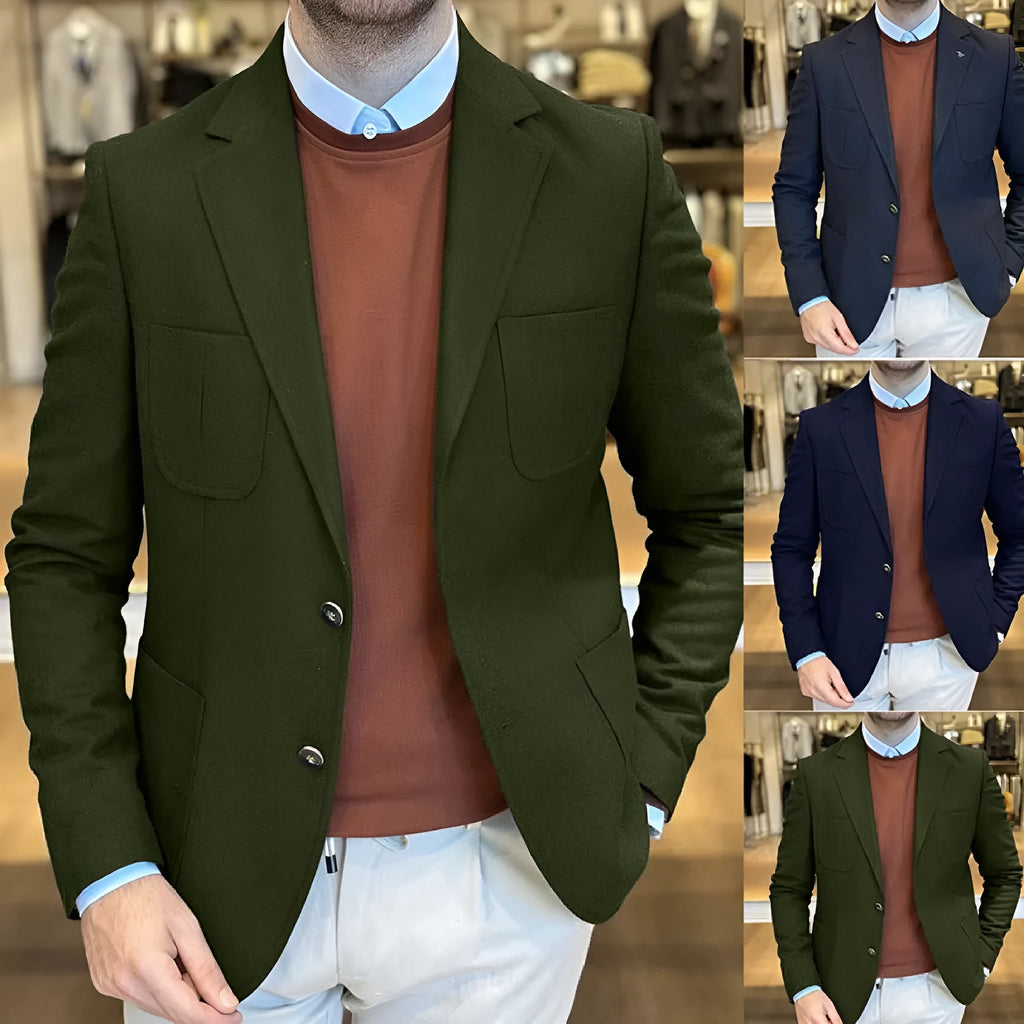 Men's loose retro cotton suit jacket in army green colour showing loose fit and tailored details