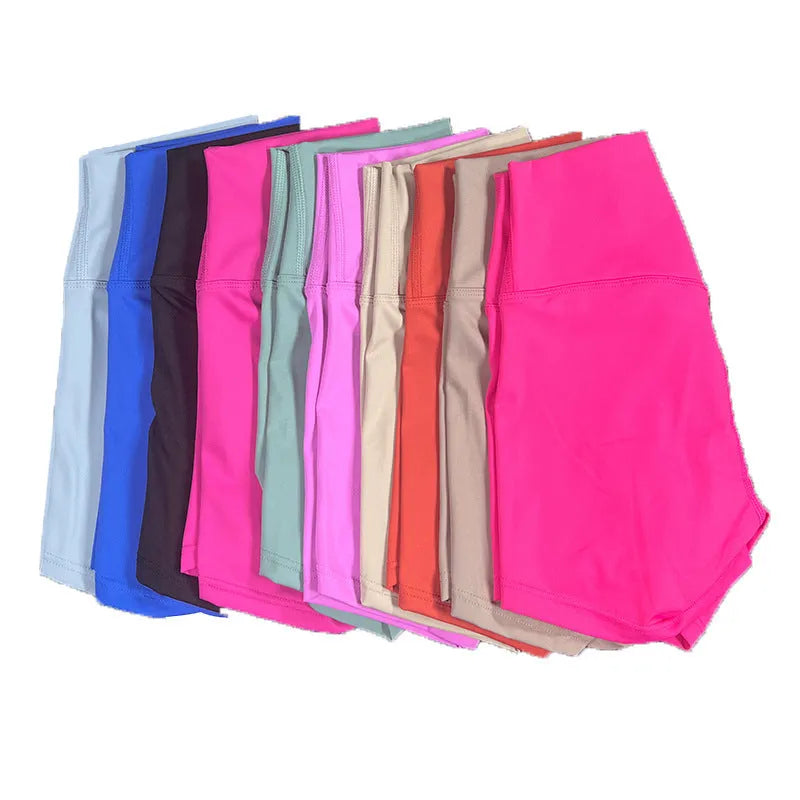 Ladies high-waist yoga shorts in breathable nylon fabric, shown in a colour option.