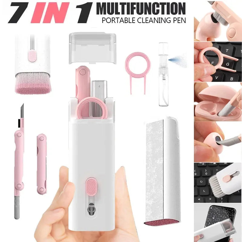 White electronic cleaning kit with cleaning pen, brush, keycap puller and spray bottle for laptops and earbuds