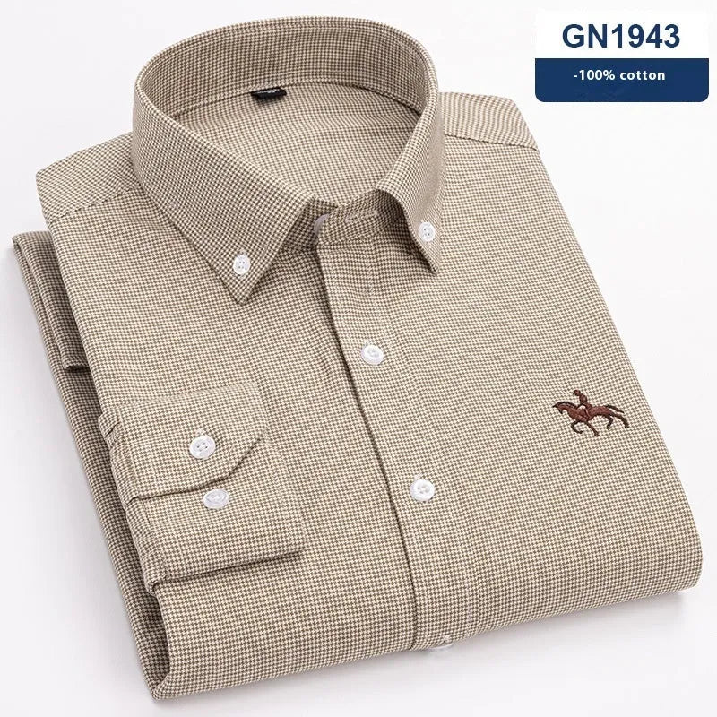 Men's Oxford cotton casual long sleeve button down shirt in a solid colour.