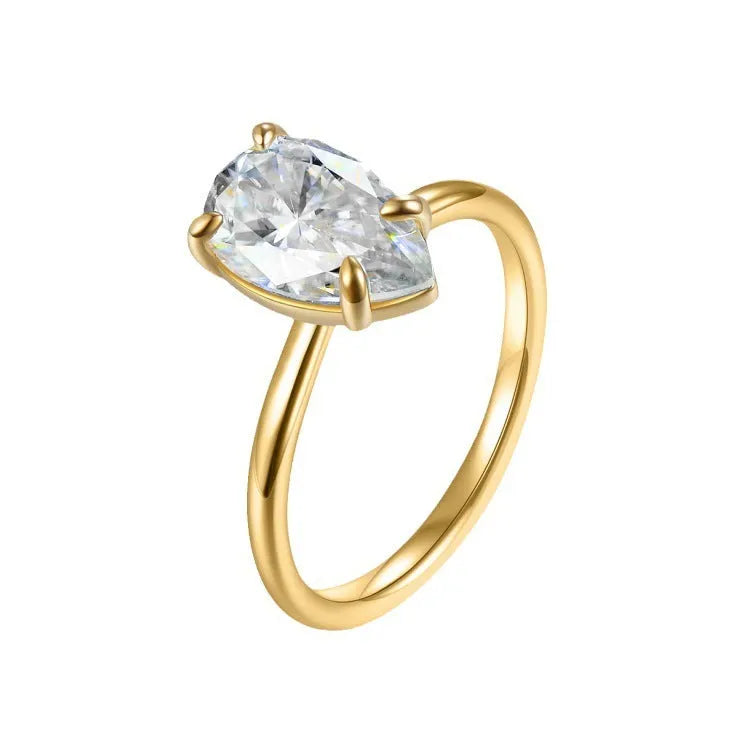 Pear-shaped moissanite ring in silver, 7x11mm stone, simple single diamond style, size 7 shown