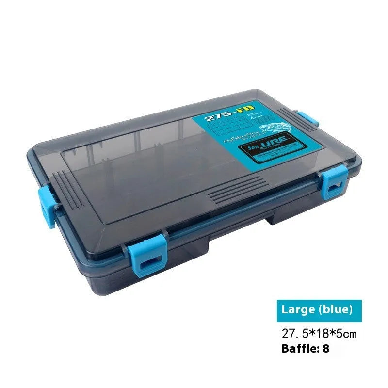 Blue waterproof PP fishing lure storage box with dimensions 275mm long by 180mm wide by 50mm deep.