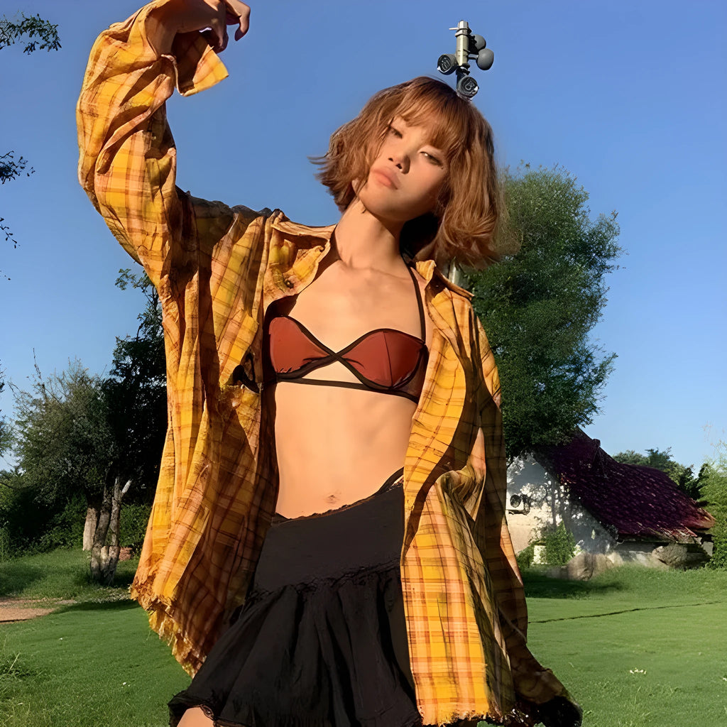 Original American dopamine yellow plaid loose fit casual shirt for men and women