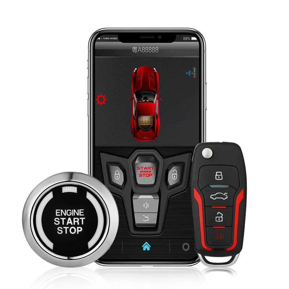 Red and frosted black one-way remote control car alarm unit with two remotes for vehicle security.