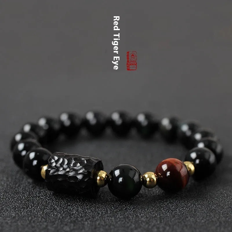 Obsidian bracelet with 10mm yellow tiger eye beads for men and women