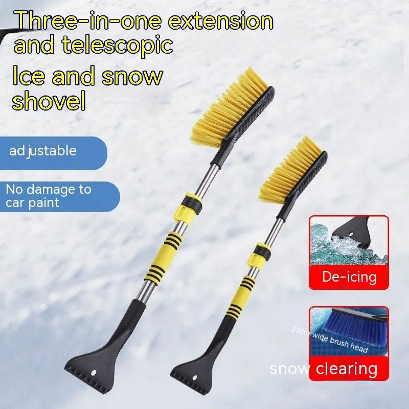 Yellow and blue telescopic car snow brush and ice scraper with a long plastic handle.