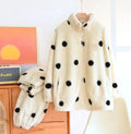 Women's fleece-lined thick casual suit set in black and white polyester flannel, top and pants, sizes M to XL