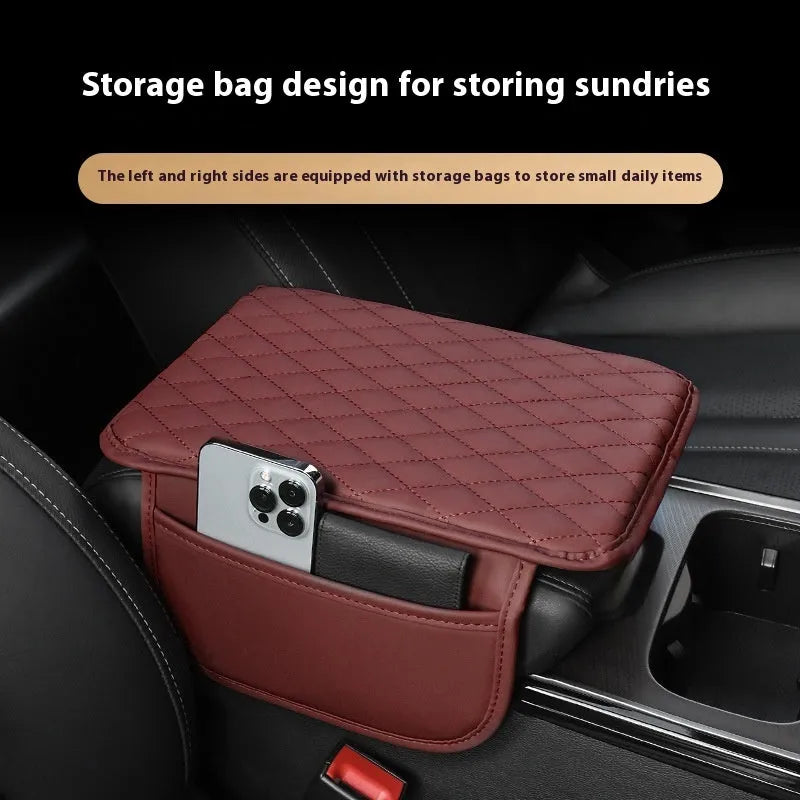Universal leather car armrest box mat 30.8cm by 20cm with thin side pocket in beige, black, gray, brown, or red
