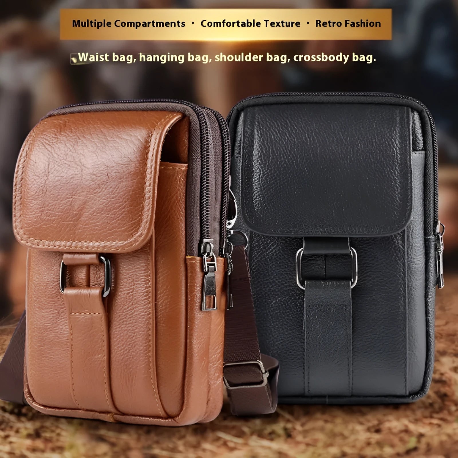 Black genuine leather men's waist bag with a lock, shown as a crossbody bag.