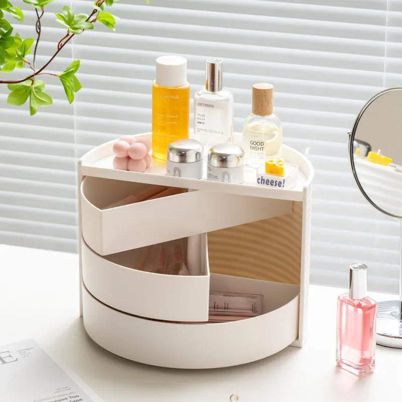 Rotating cosmetics storage box in white or pink, plastic, 27x15.5x19.5cm, for makeup and toiletries.