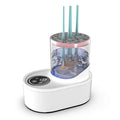 Electric makeup brush cleaning device with drying chamber showing brush placement and compact design