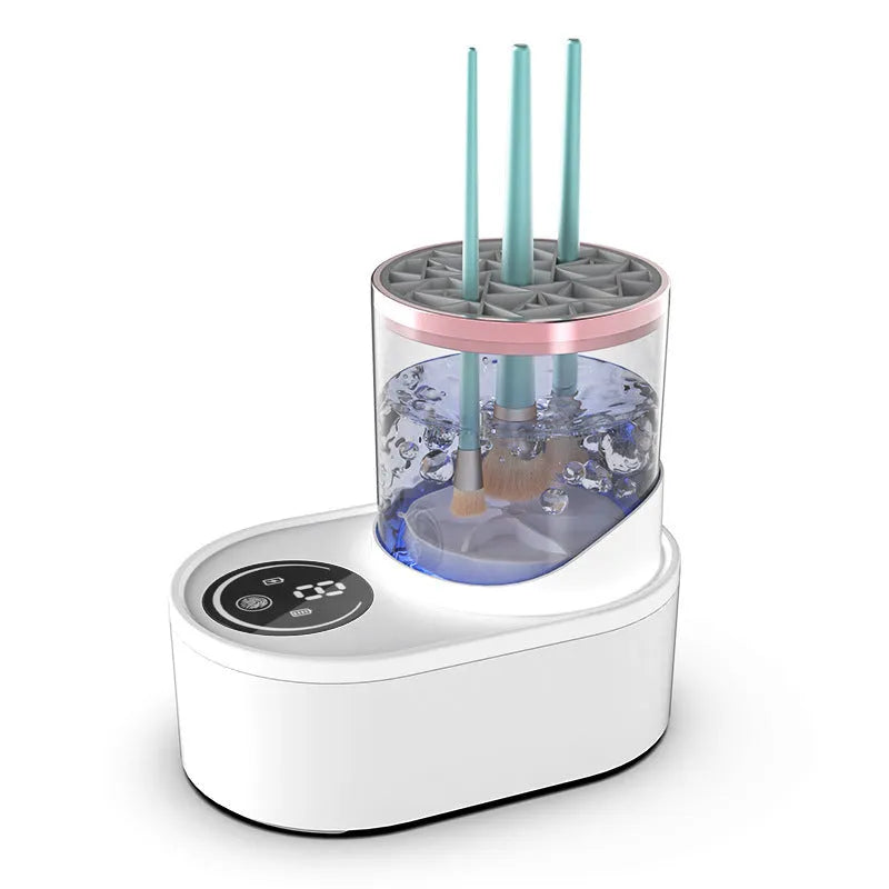 Electric makeup brush cleaning device with drying chamber showing brush placement and compact design