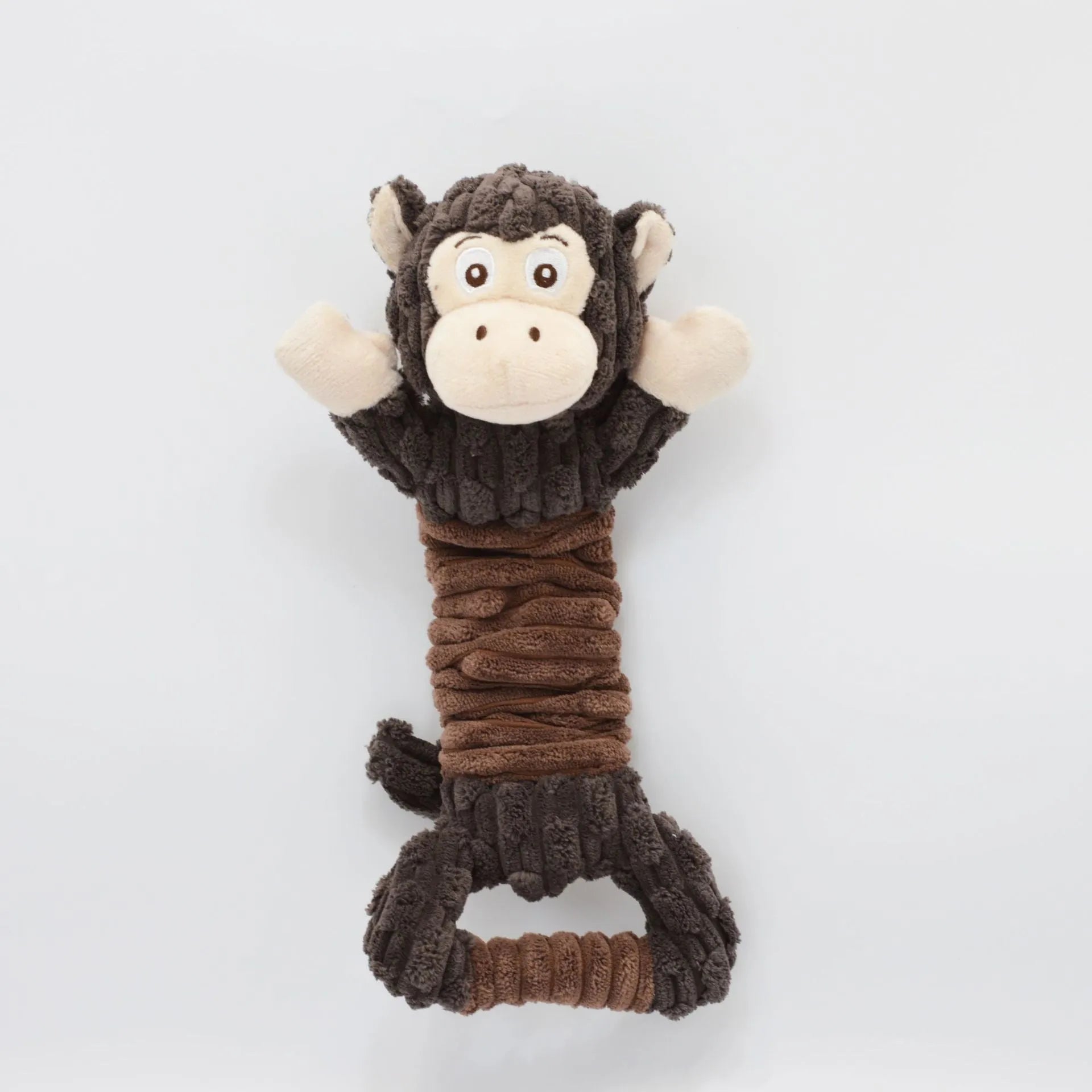 Large bright coloured soft plush dog toy with a handle, suitable for squeaky and tug of war play.
