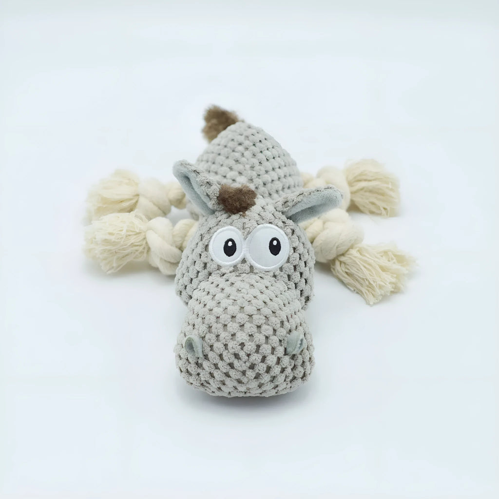 Grey donkey plush dog toy with creak sound mechanism, measuring 27 cm long