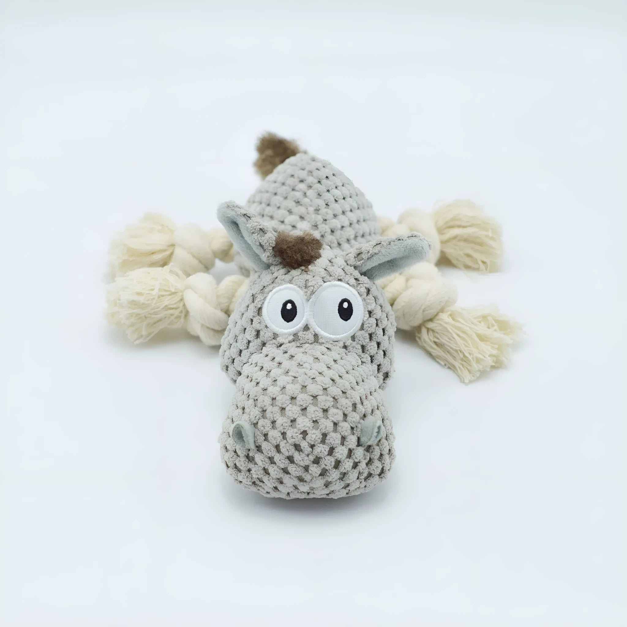 Grey donkey plush dog toy with creak sound mechanism, measuring 27 cm long