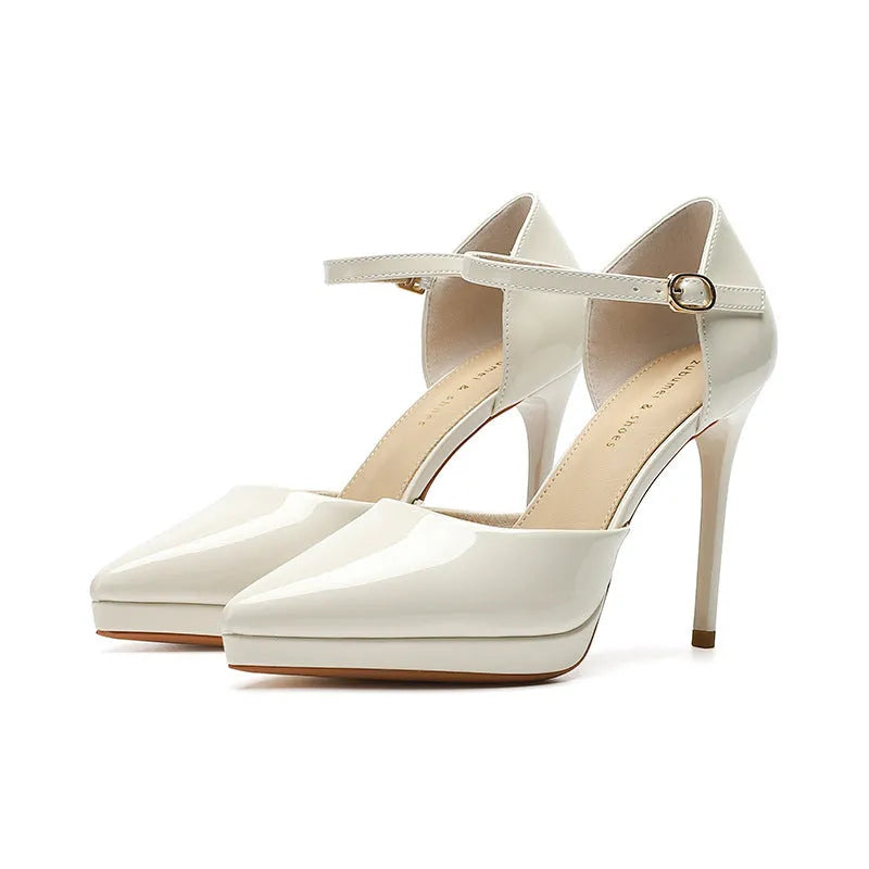 Women's pointed-toe high heels with 10.5cm stiletto heel, waterproof platform, leather upper, hollow design
