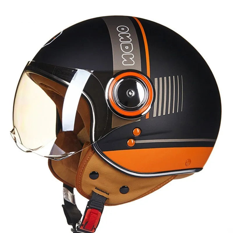 Retro battery car half helmet in ABS plastic showing colour options including bright blue red and matte black orange