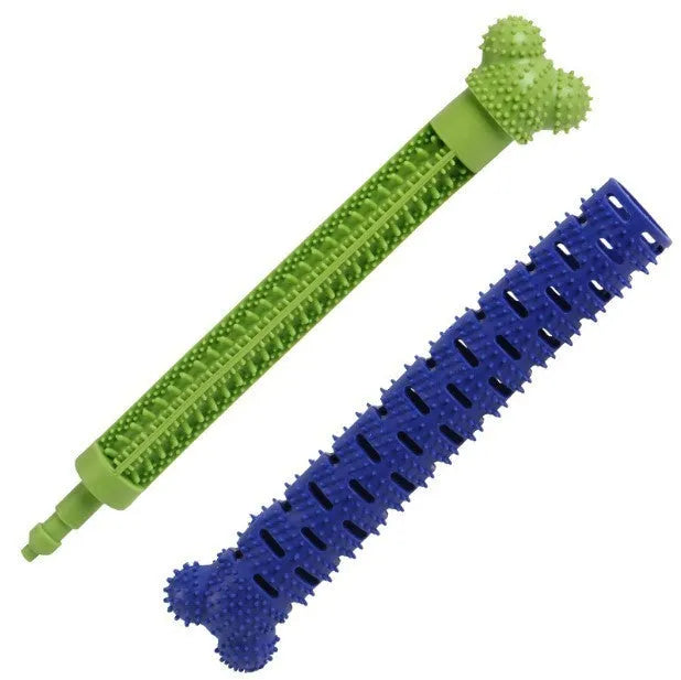 Blue green dog dental chew toy with silicone brush bristles and massage nodules, shown next to a tube of toothpaste.
