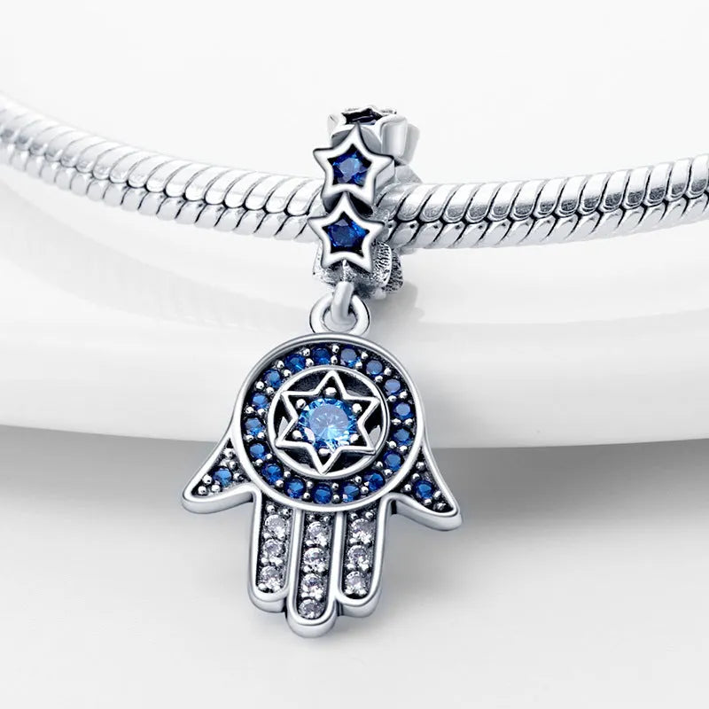 Copper beaded bracelet pendant with zircon blue eye beads and dark style eye motif