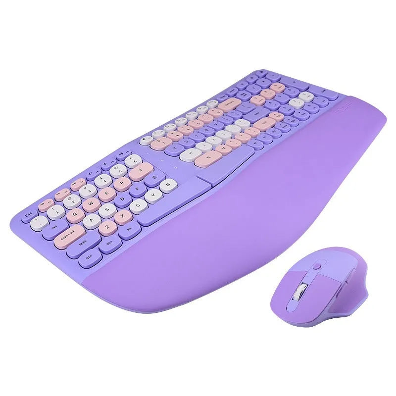 Ergonomic wireless keyboard and mouse set with wrist splint, waterproof veneer, blue milk tea purple mixed colours