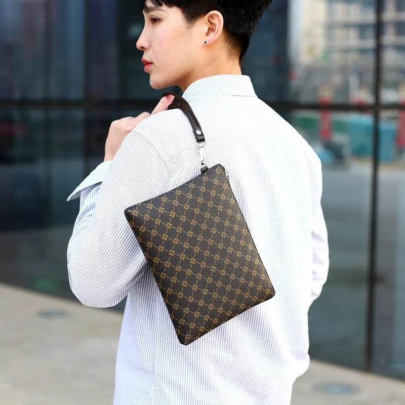 Men's soft PU leather gingham check envelope clutch bag with stitched sewing lines and handle
