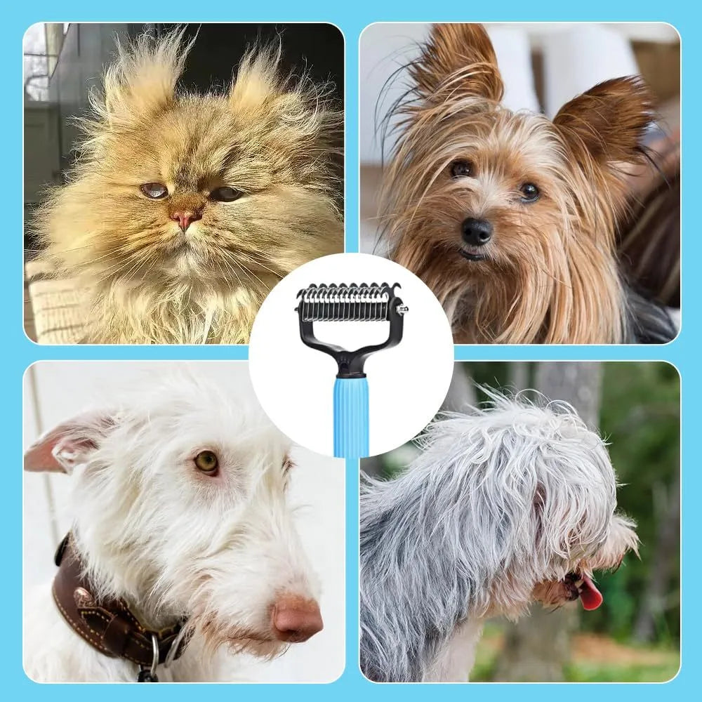Double-sided stainless steel dematting comb for dogs and cats in blue or pink, large or small size