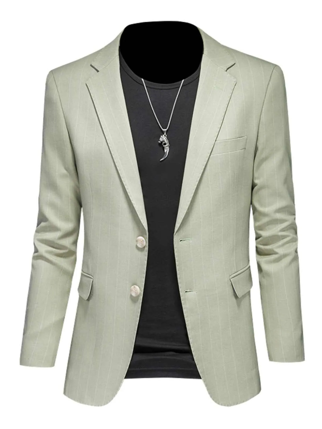 Men's light green 3-piece formal suit set with jacket, vest, and trousers, polyester viscose blend, flat collar