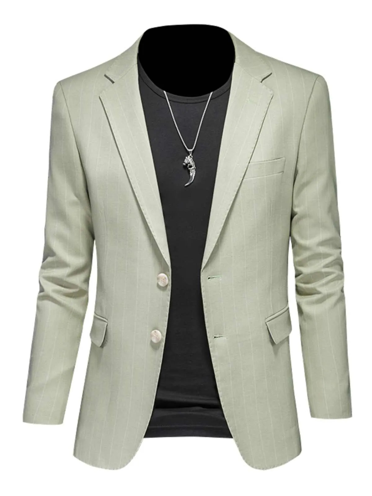 Men's light green 3-piece formal suit set with jacket, vest, and trousers, polyester viscose blend, flat collar