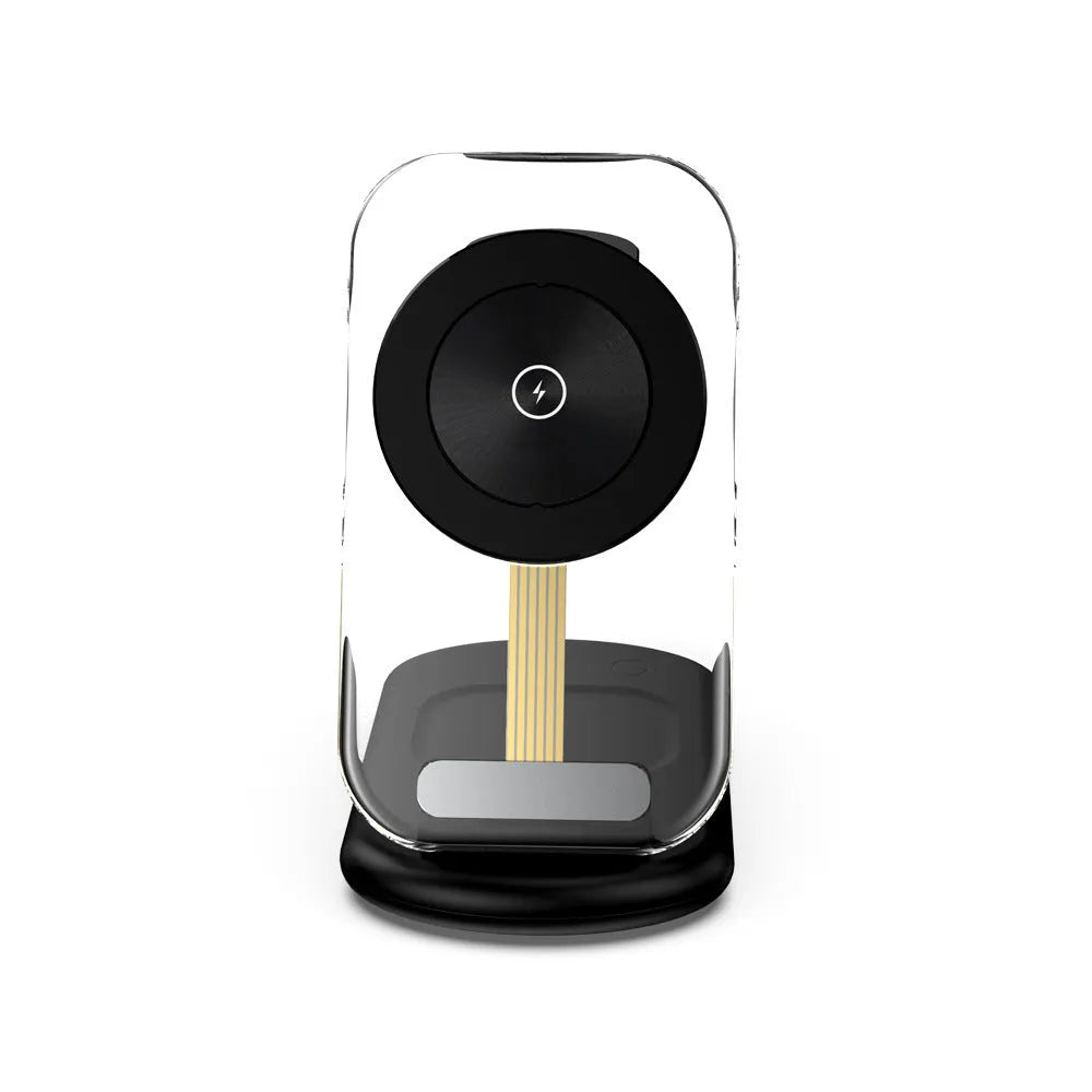 Transparent foldable 3-in-1 wireless charger showing magnetic pad, Qi coil, and closed portable form.