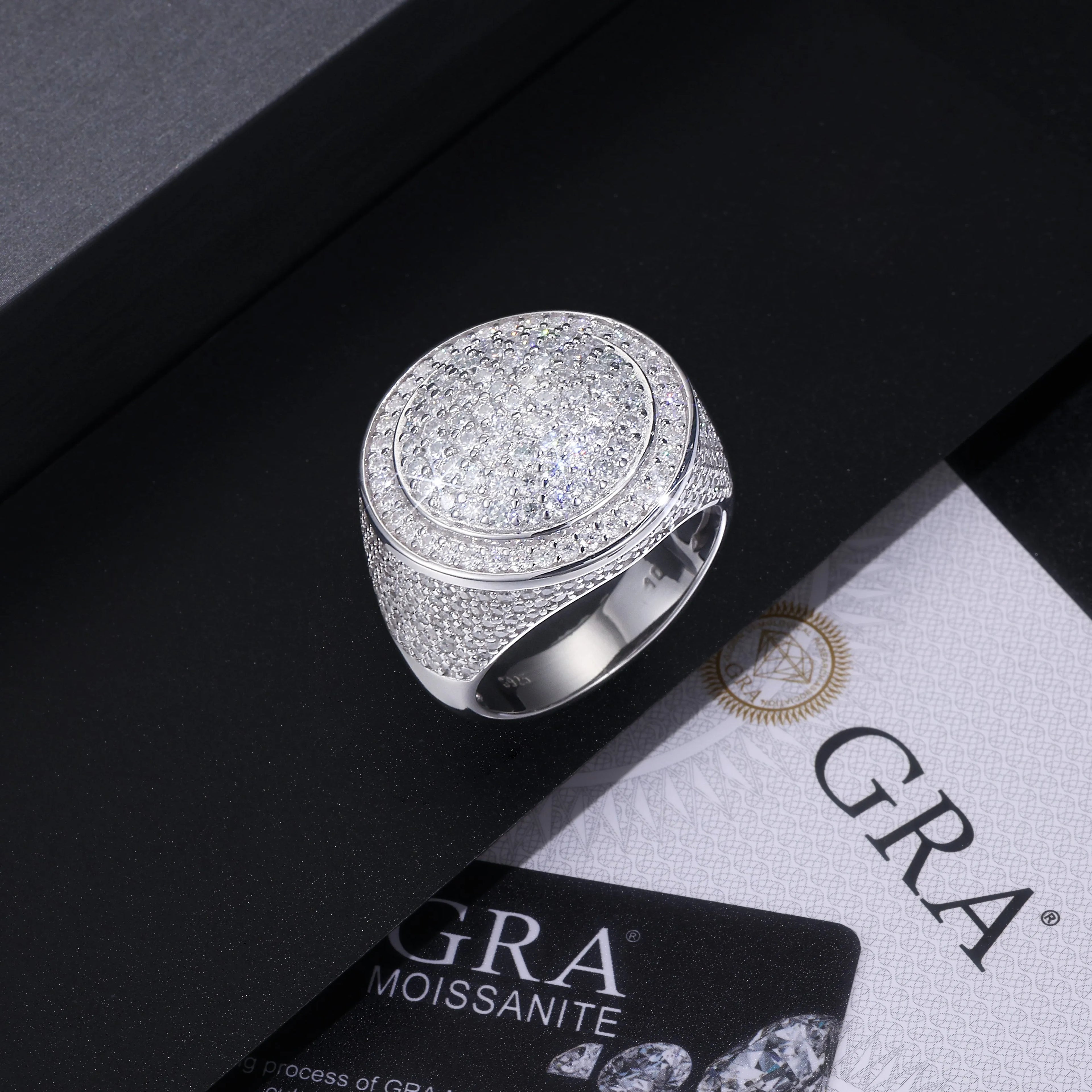 Men's moissanite ring set in S925 silver with platinum plating, hip-hop style, testable with diamond pen, gift box packaging