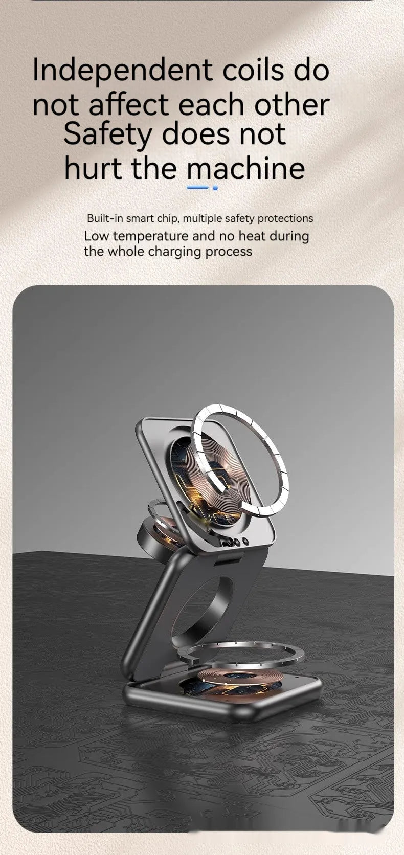 Black foldable magnetic wireless phone charger showing compact 70x70mm design with QC3.0 fast charging