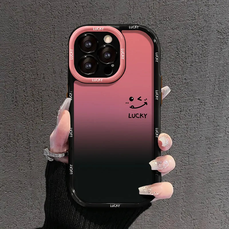 Acrylic iPhone case with fine hole pattern showing gradient love heart design on black background